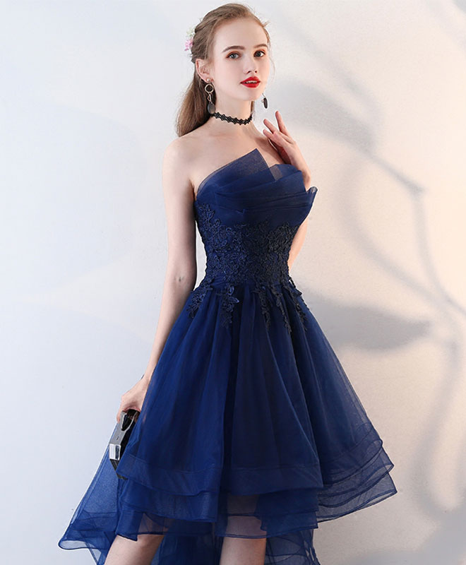  Dark  blue  tulle short  prom  dress  high low evening dress 