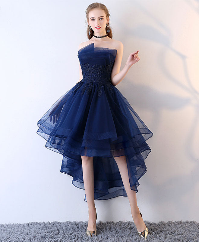  Dark  blue  tulle short  prom  dress  high low evening dress 