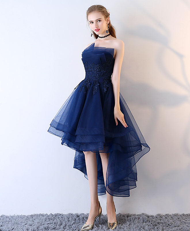  Dark  blue  tulle short  prom  dress  high low evening dress 