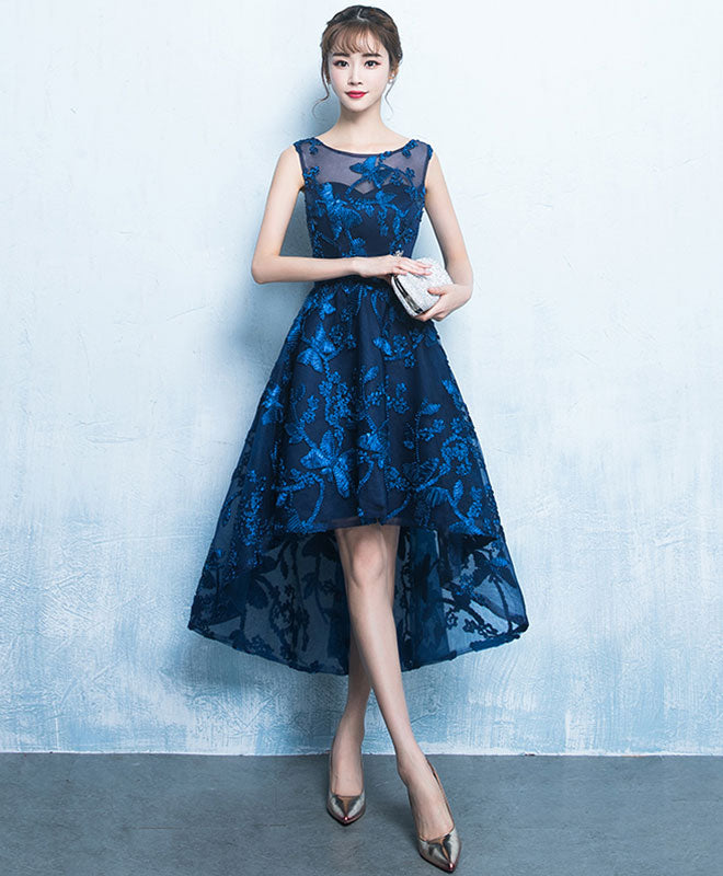  Dark  blue  high low short  prom  dress  lace evening dress  