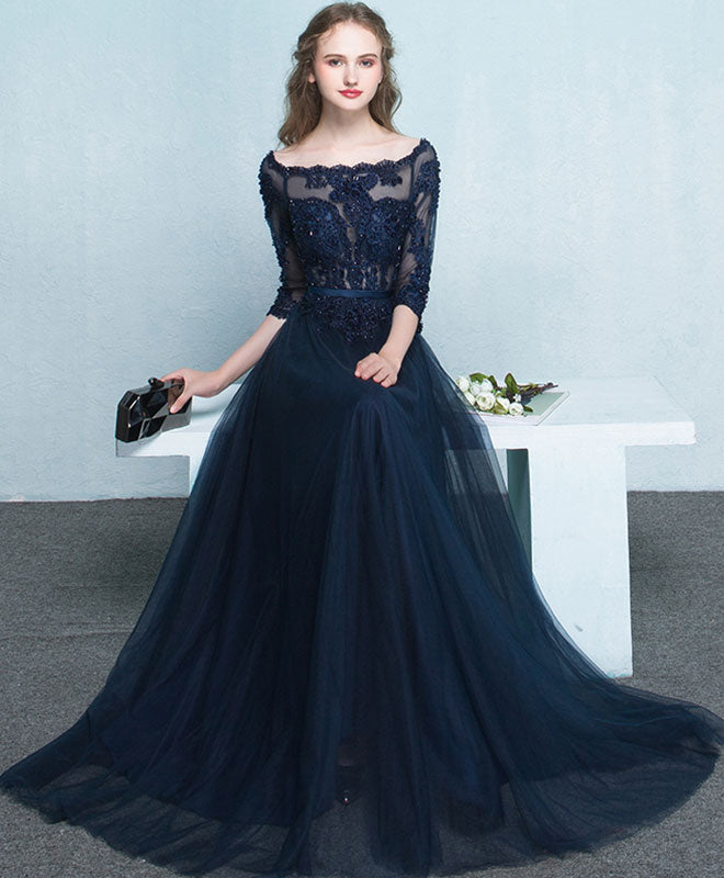 Dark blue long sleeve prom dress italy