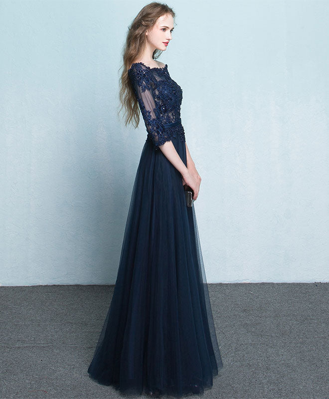 dark blue long sleeve prom dress