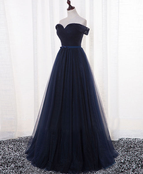 Dark blue A line tulle long prom dress, evening dress | Shop Elegant ...