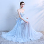 Sky blue lace long prom dress, lace evening dress – shopluu