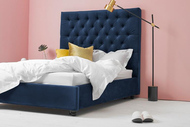 Yark Beds Blue Velvet Ottoman Double Bed - Tall Buttoned Headboard