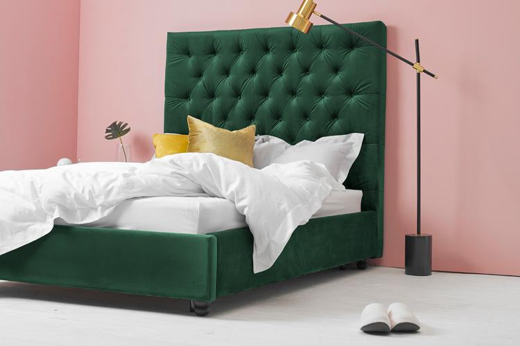 Yark Beds Green Velvet Ottoman Double Bed - Tall Buttoned Headboard