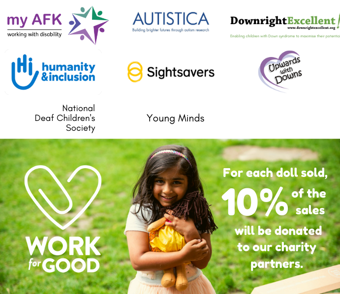 Charities supported including my AFK, Autistica, Downright Excellent, Humanity and Inclusion (HI), Sightsavers, Upwards with Downs, Young Minds and National Deaf Children's Society