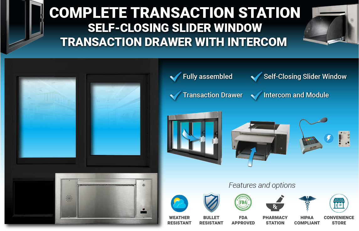 Pharmacy drive thru transaction station QS-BRDW-4855