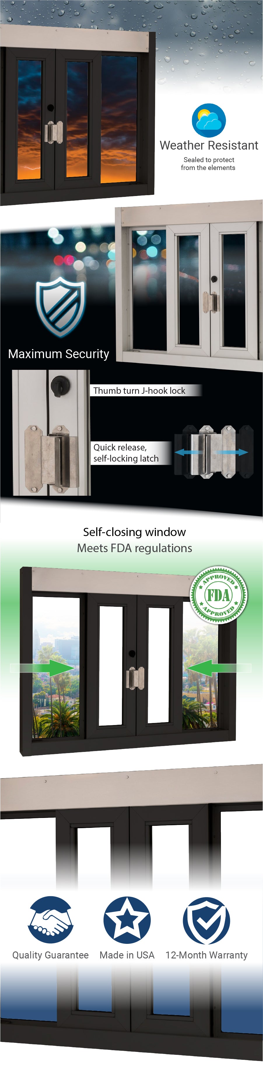 Products Quikserv Bi-parting Self Closing Drive Thru Window | 48" (W) x 36" (H) | CSE-QS-BPSC-4836