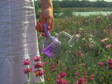 Woman holding Lavender Globe Dab Rig in flower field. 