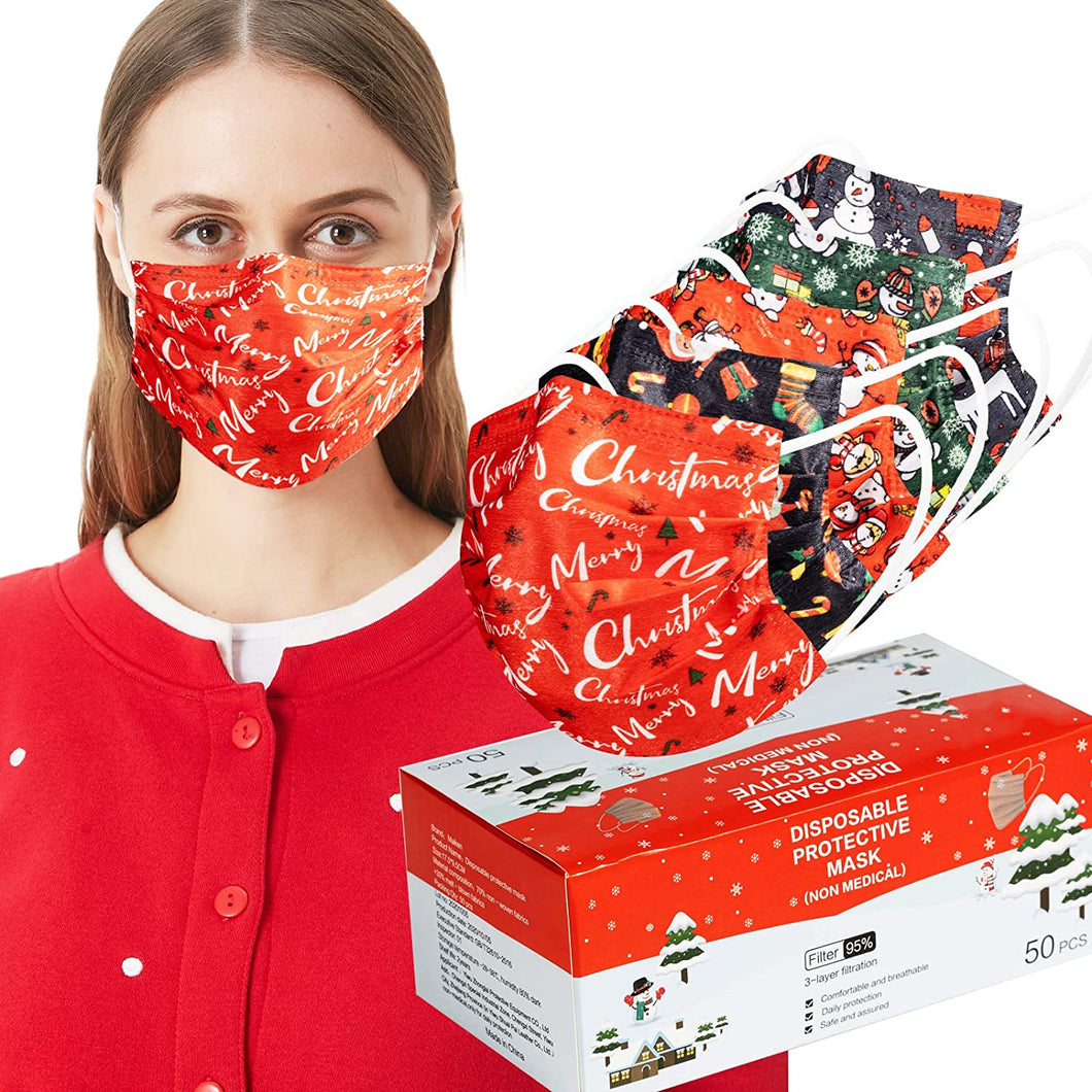 50 Pack 3Ply Disposable Christmas Face Masks with Assorted Designs