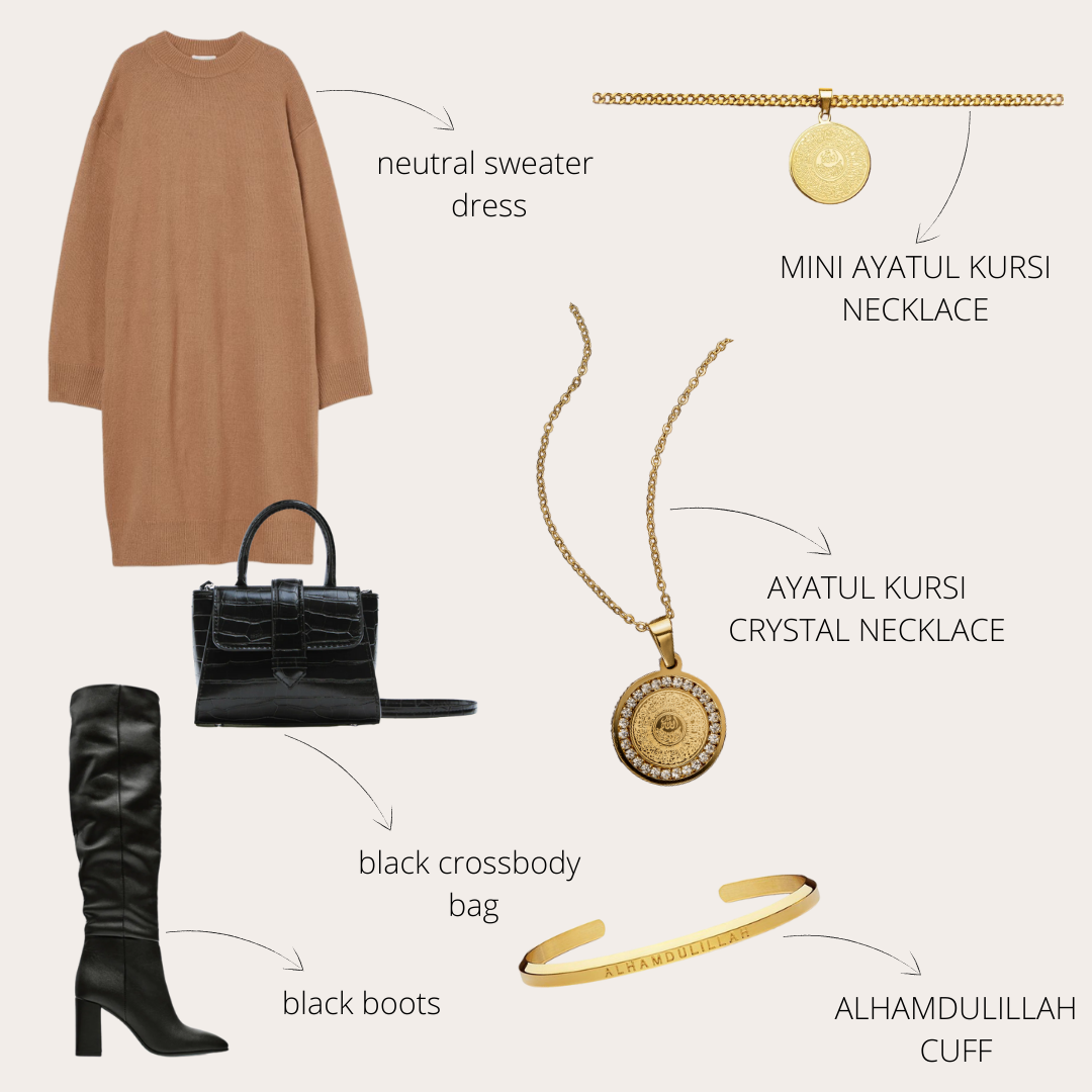 Fall Outfit Inspo with neutral sweater dress with black boots and gold essential jewelry islamic inspired ayatul kursi