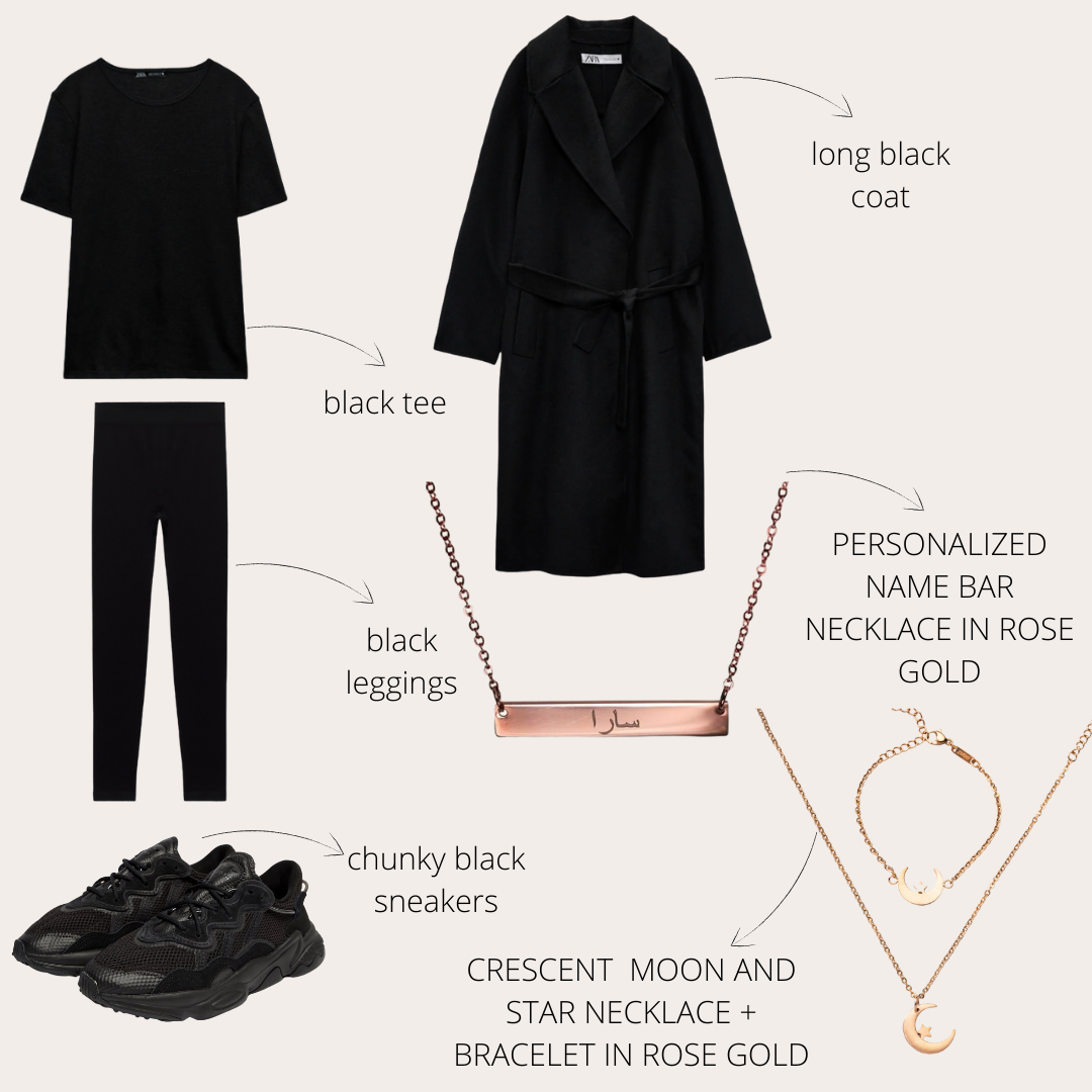 Black minimal outfit inspo with matching jewelry 