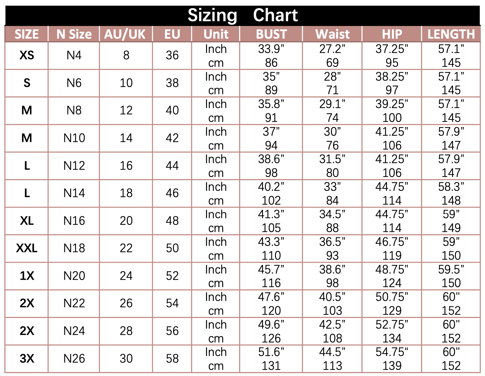 Size chart for Dress Nomi