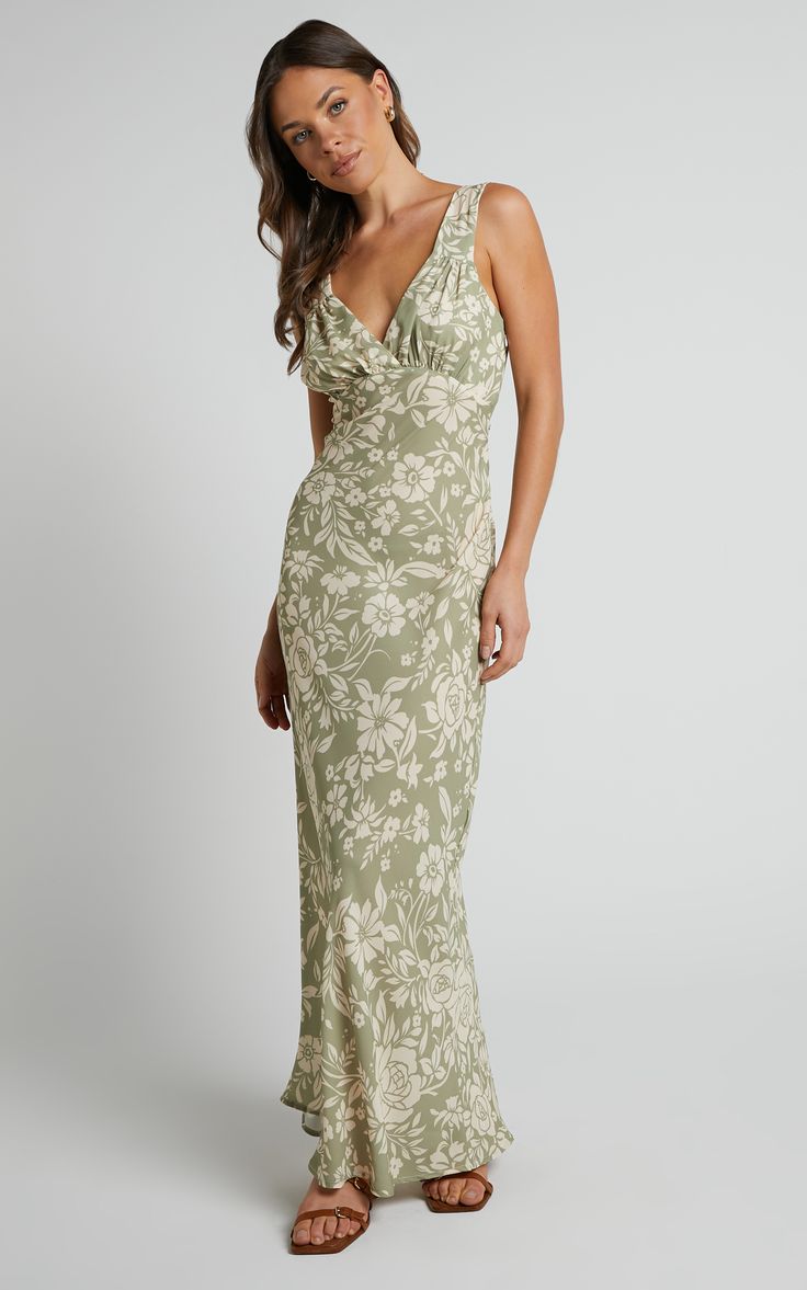 Sage green Dress with plant printed