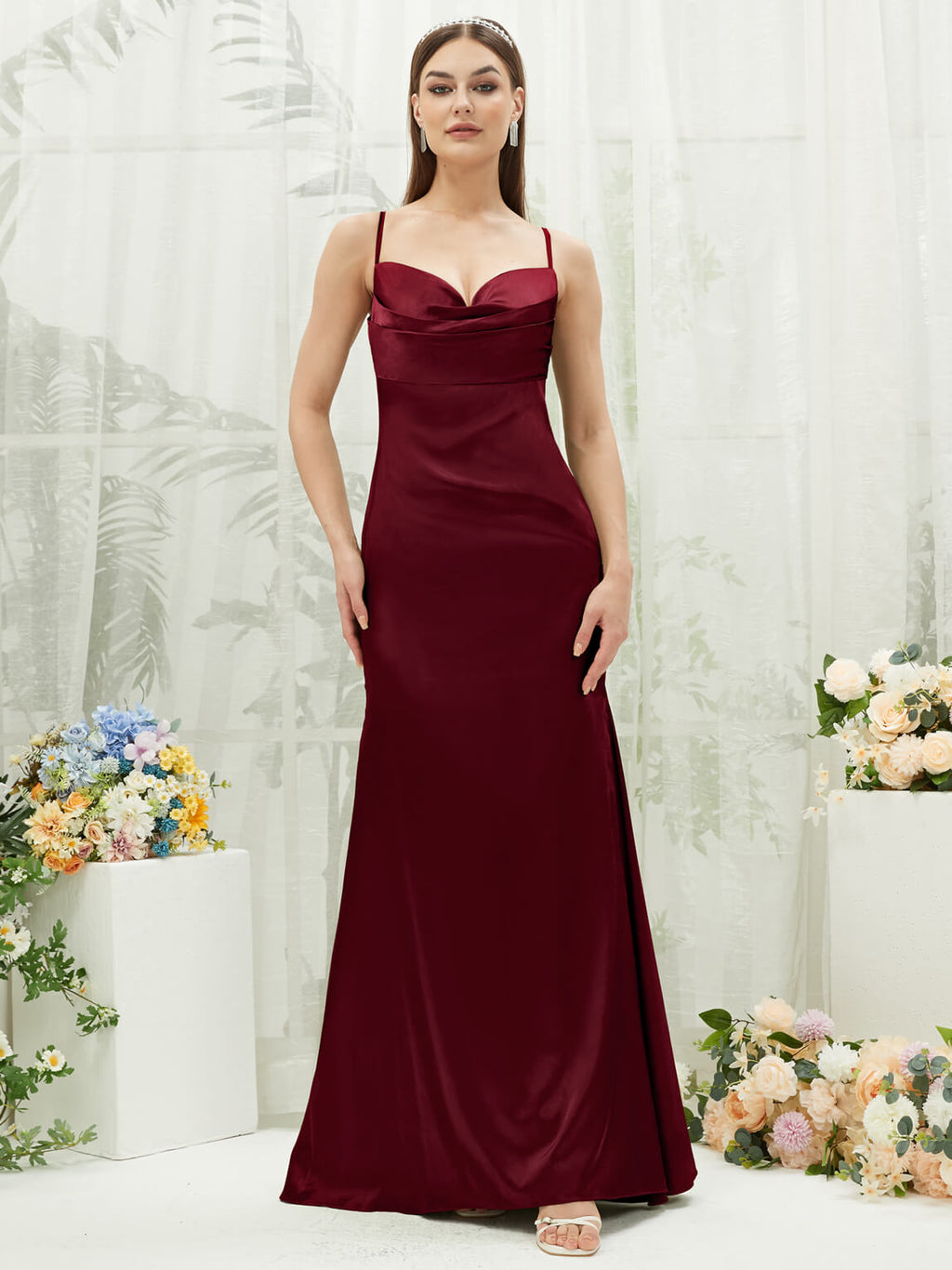 Retro & Vintage Burgundy Satin Draped Cowl Back Bridesmaid Dress