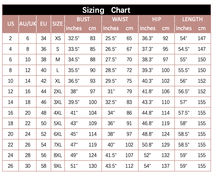 Size chart Zola