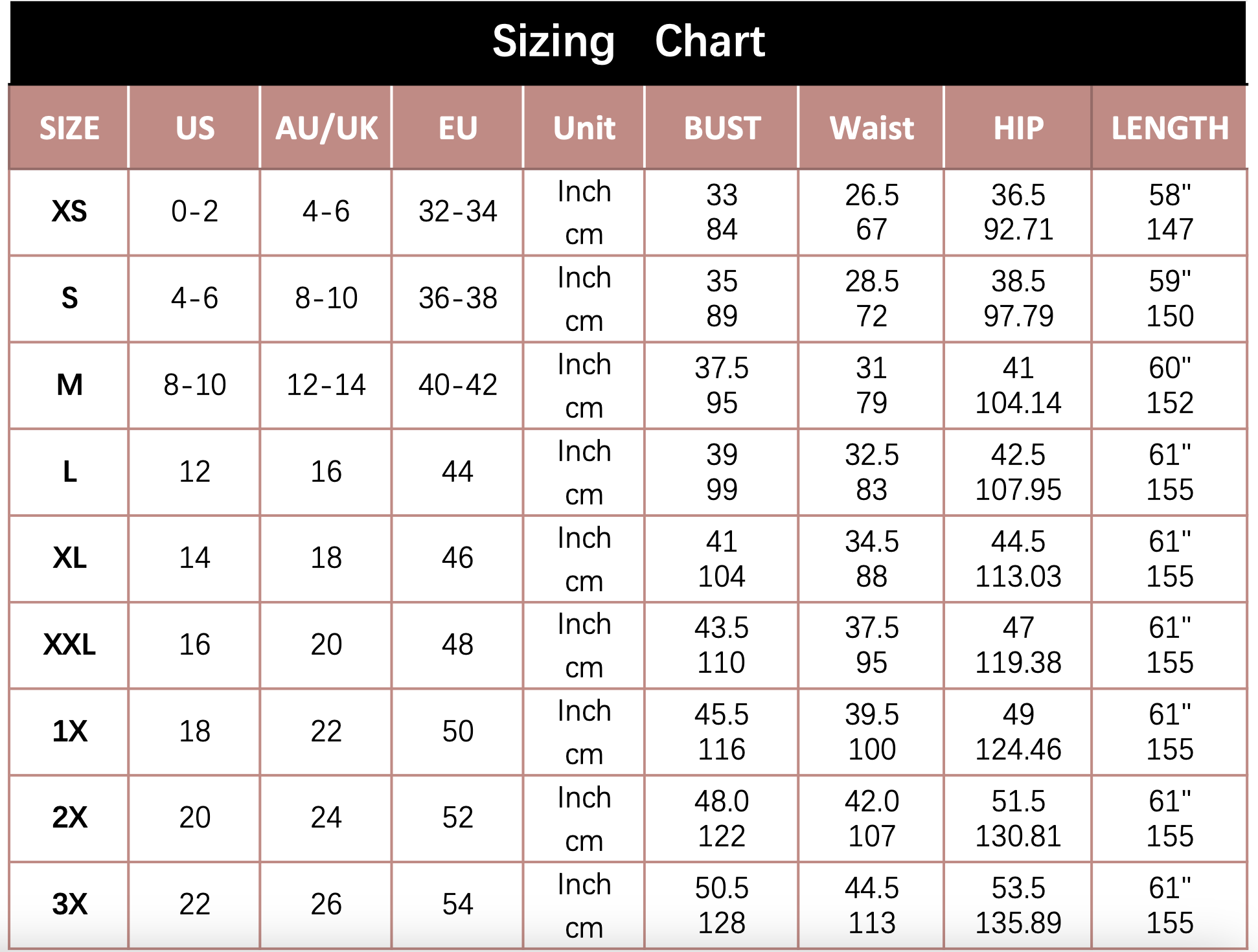 NZ Bridal Size chart 2022