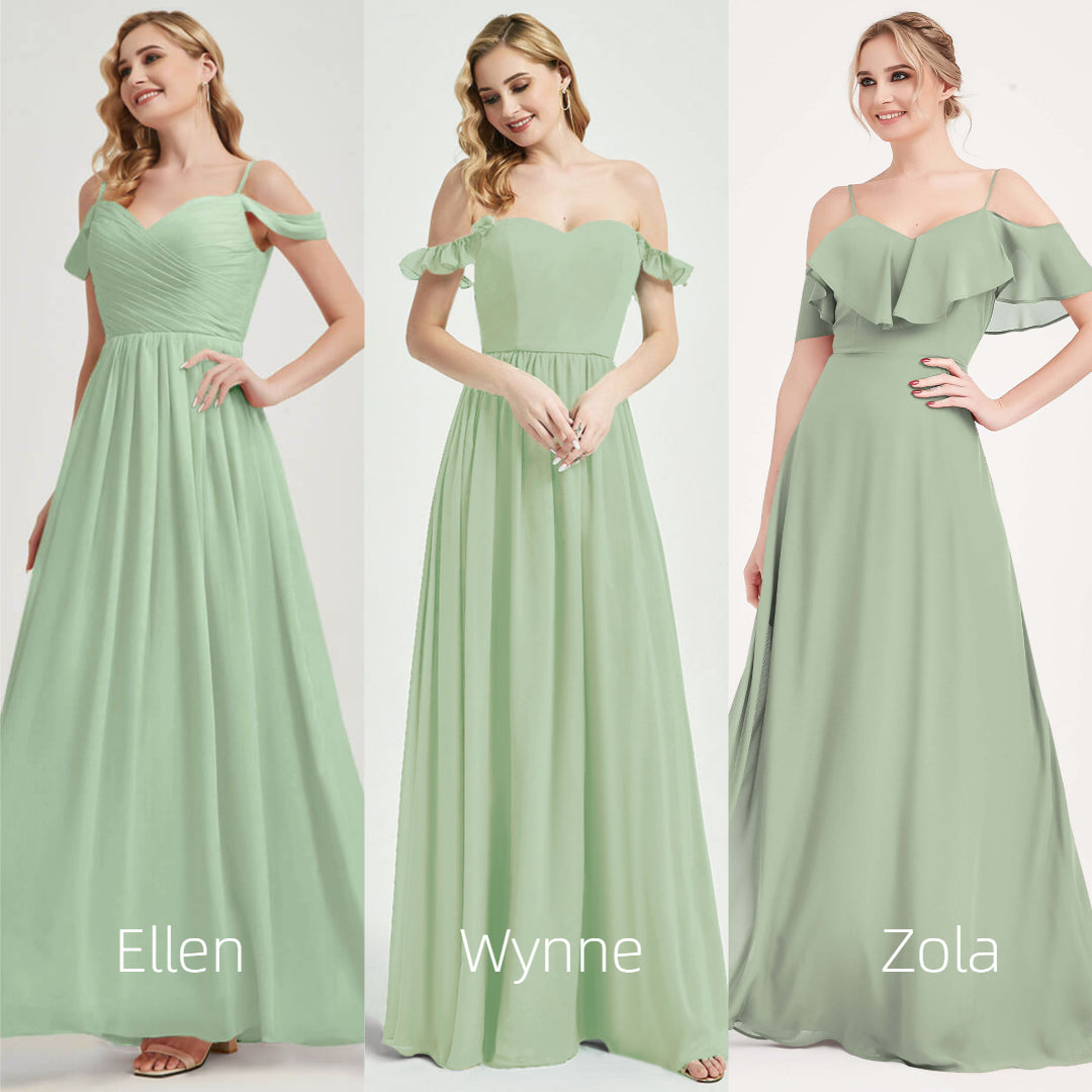 off the shoulder sage green bridesmaid dresses