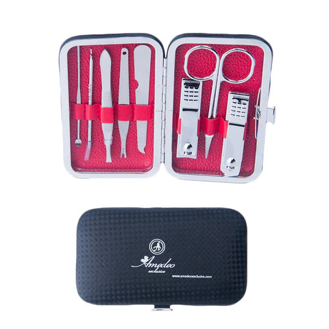 Silver Stainless Steel & Red Mens Manicure Pedicure Kit