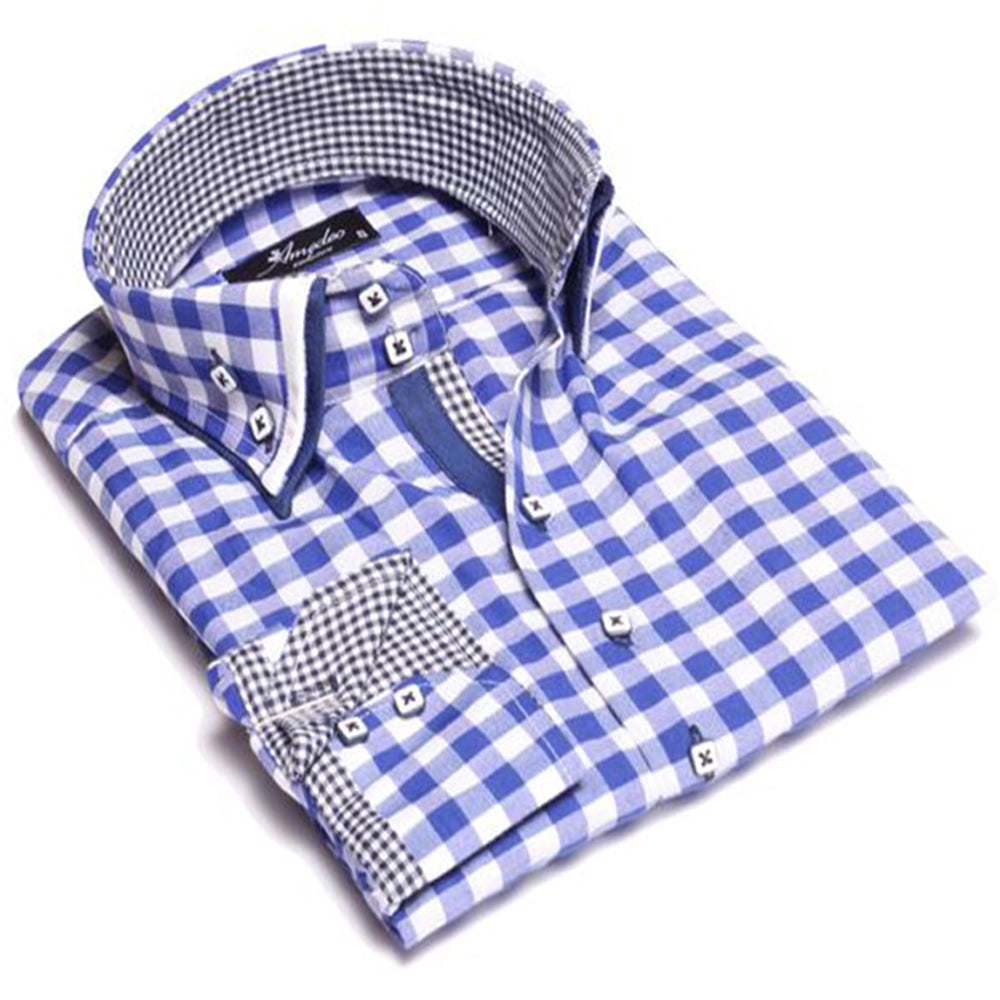 blue and white checkered dress shirt