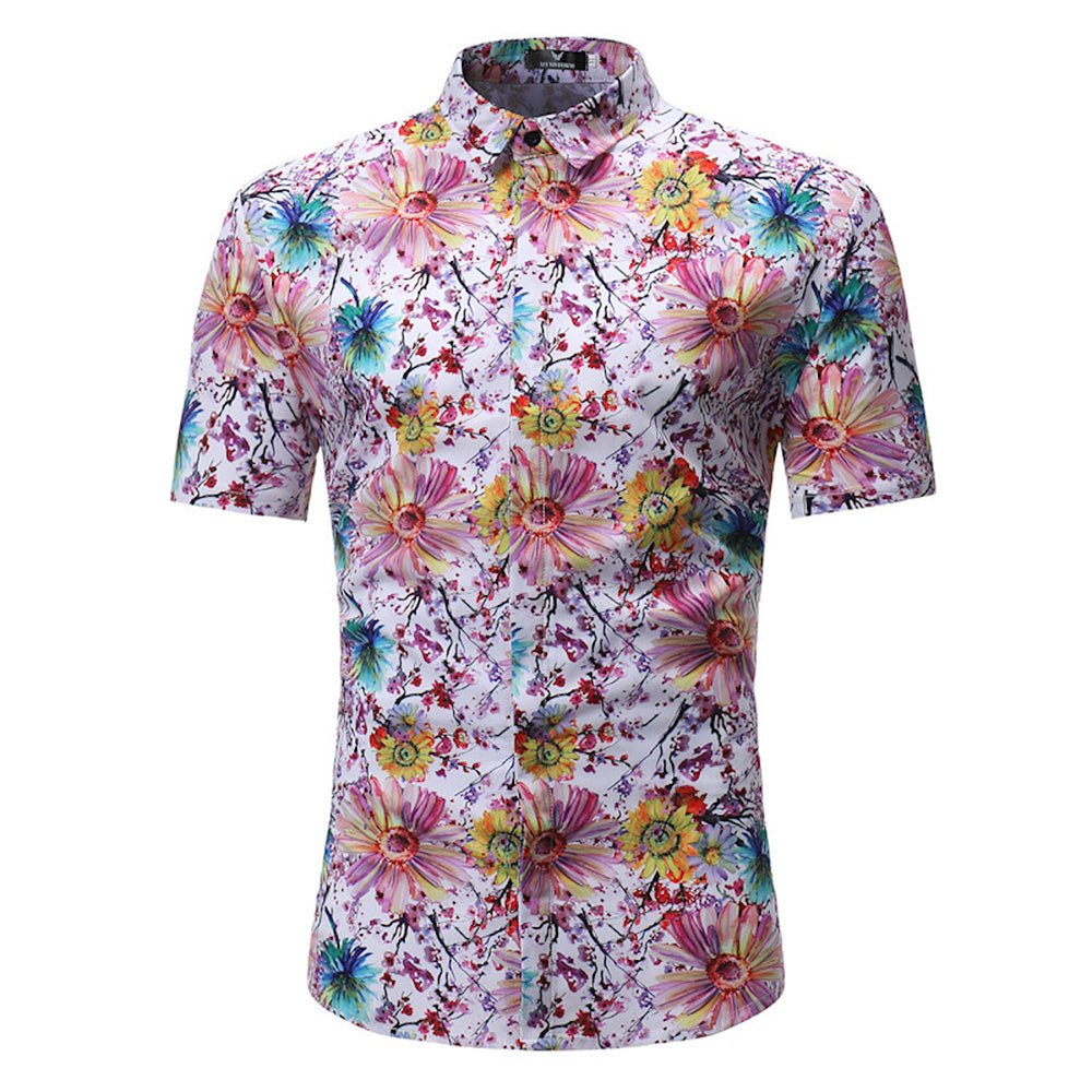 Men's Fashion Slim Fit White Floral Short Sleeve Shirt | eBay