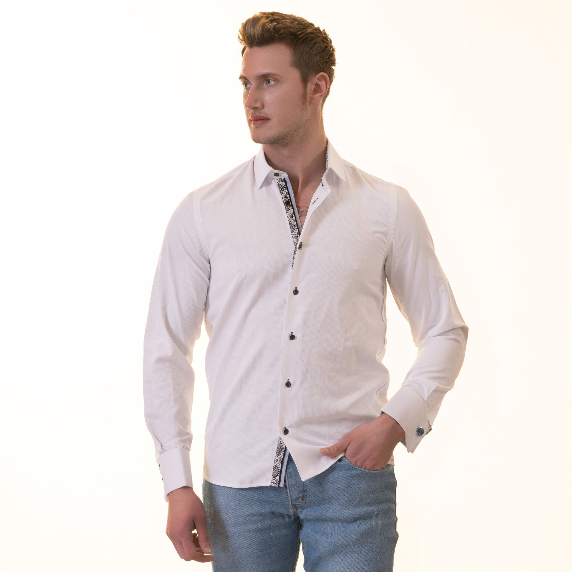 Kreta verzending Samuel White inside Black Printed Double Cuff Men's Slim Fit Designer Dress Shirt  – Amedeo Exclusive