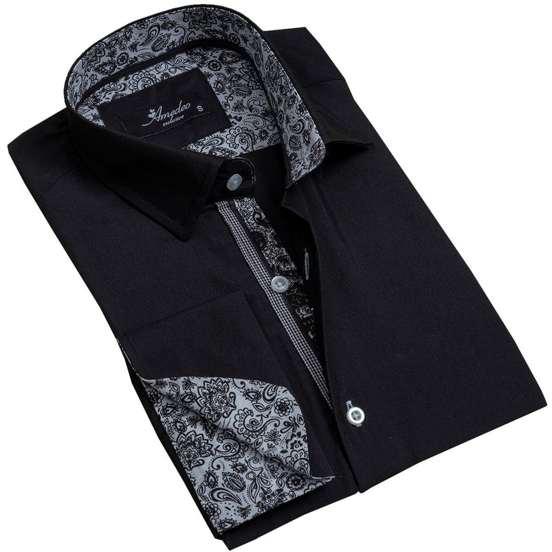 Solid Black Mens Slim Fit French Cuff Dress Shirts with Cufflink Holes ...