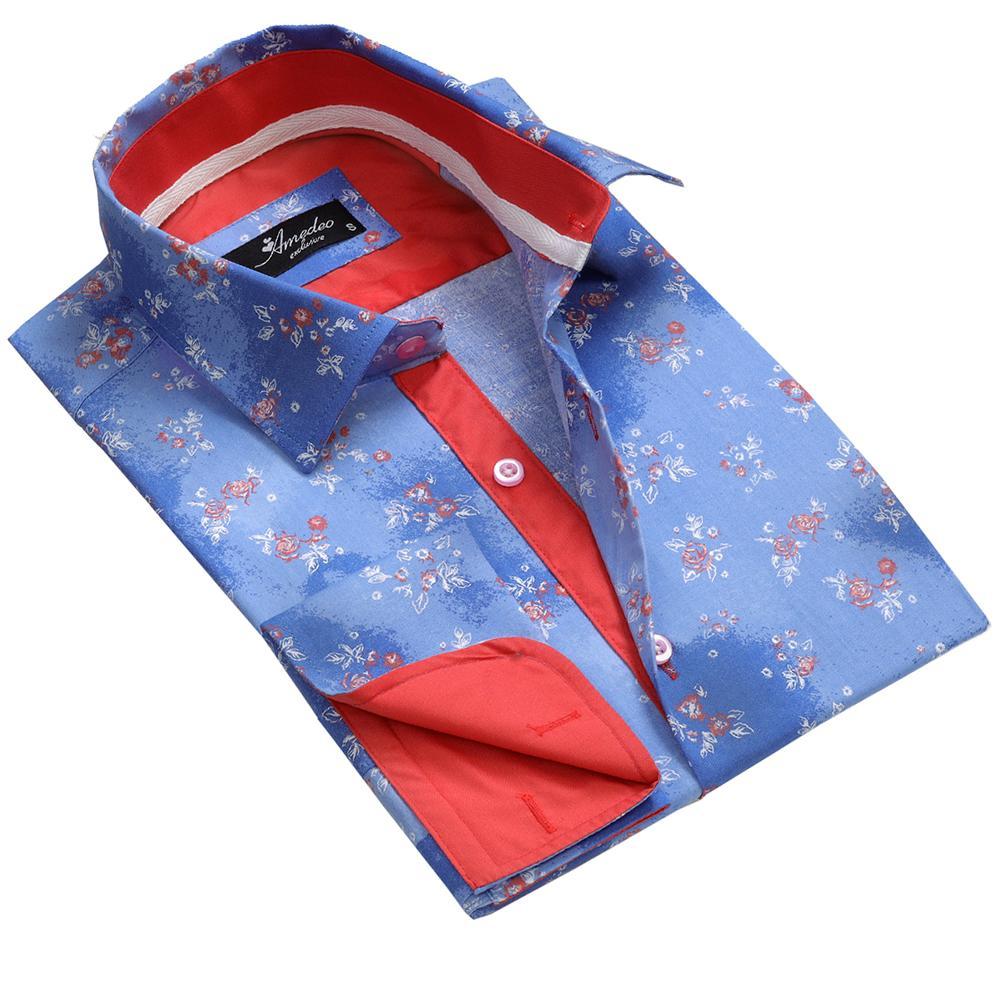 Blue Floral Mens Slim Fit French Cuff Dress Shirts with Cufflink Holes ...