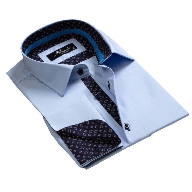 Light Blue with Navy Blue Mens Slim Fit French Cuff Dress Shirts with ...