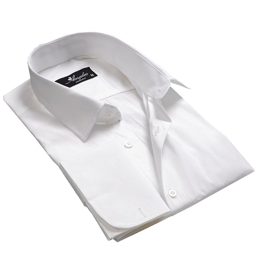 Medium Solid White Mens Slim Fit French Cuff Dress Shirts with – Amedeo ...