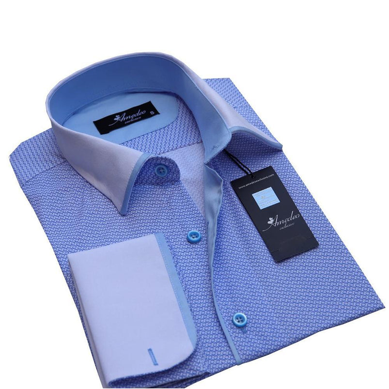 Blue Mens Slim Fit French Cuff Dress Shirts with Cufflink Holes ...