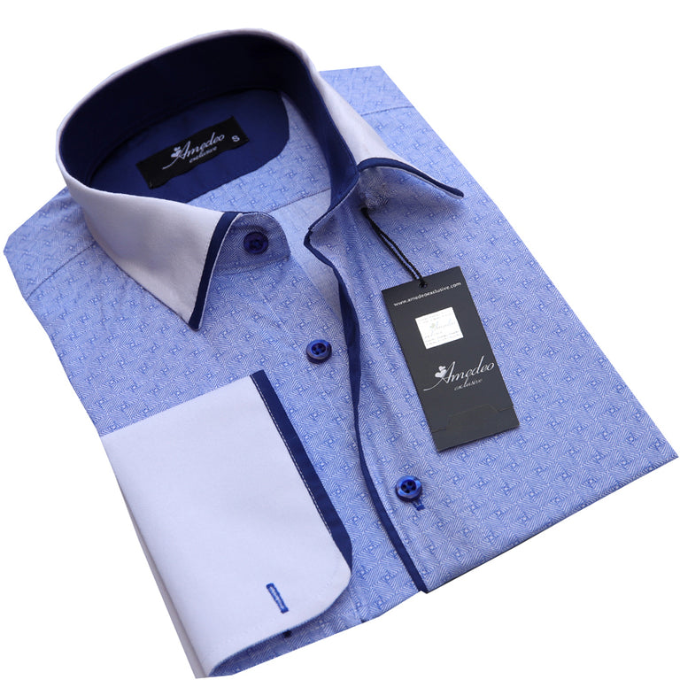 Light Blue Design Mens Slim Fit French Cuff Dress Shirts With Cufflink 