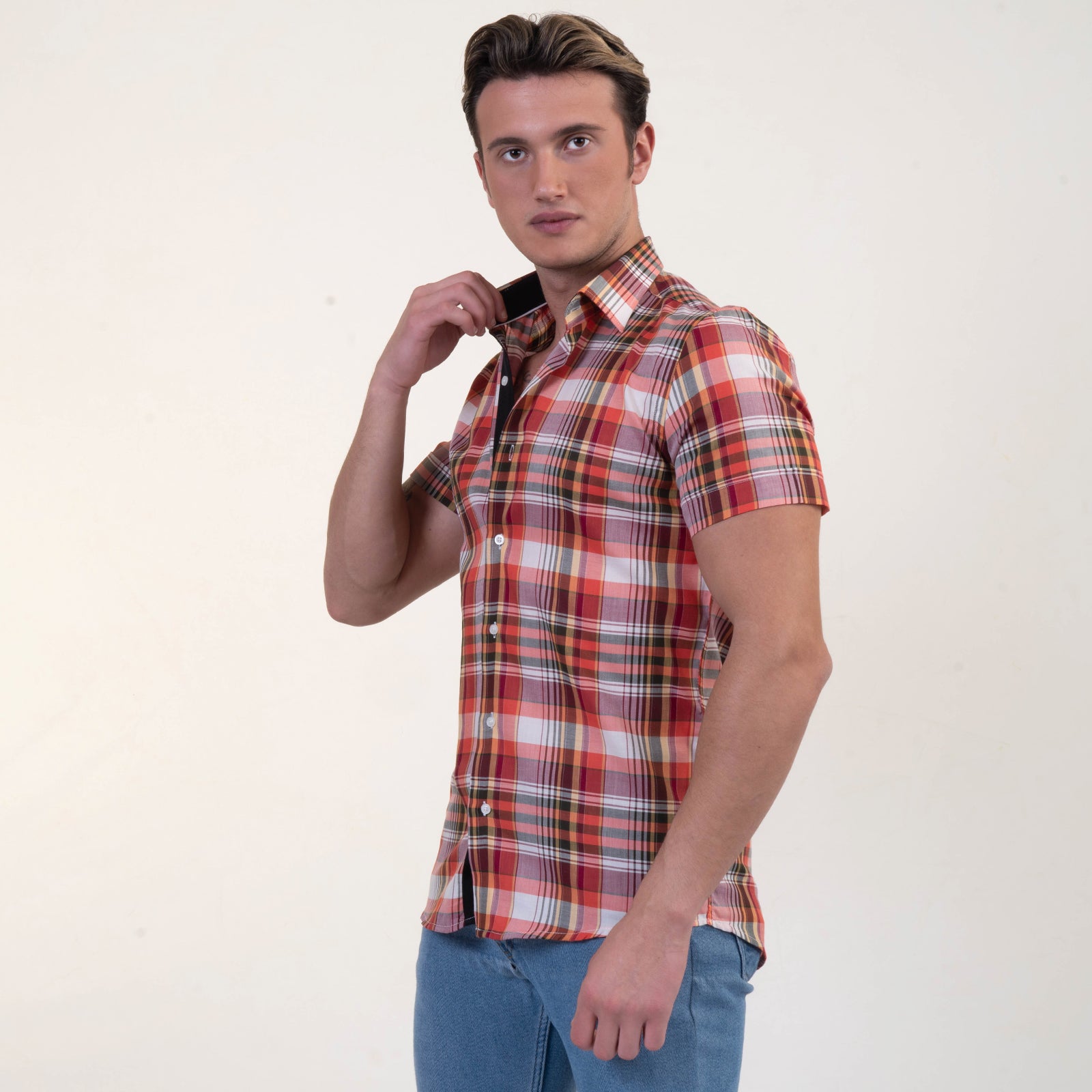 Ciro links Minimaal Red Plaid Nova Check Mens Short Sleeve Button up Shirts - Tailored Sli –  Amedeo Exclusive