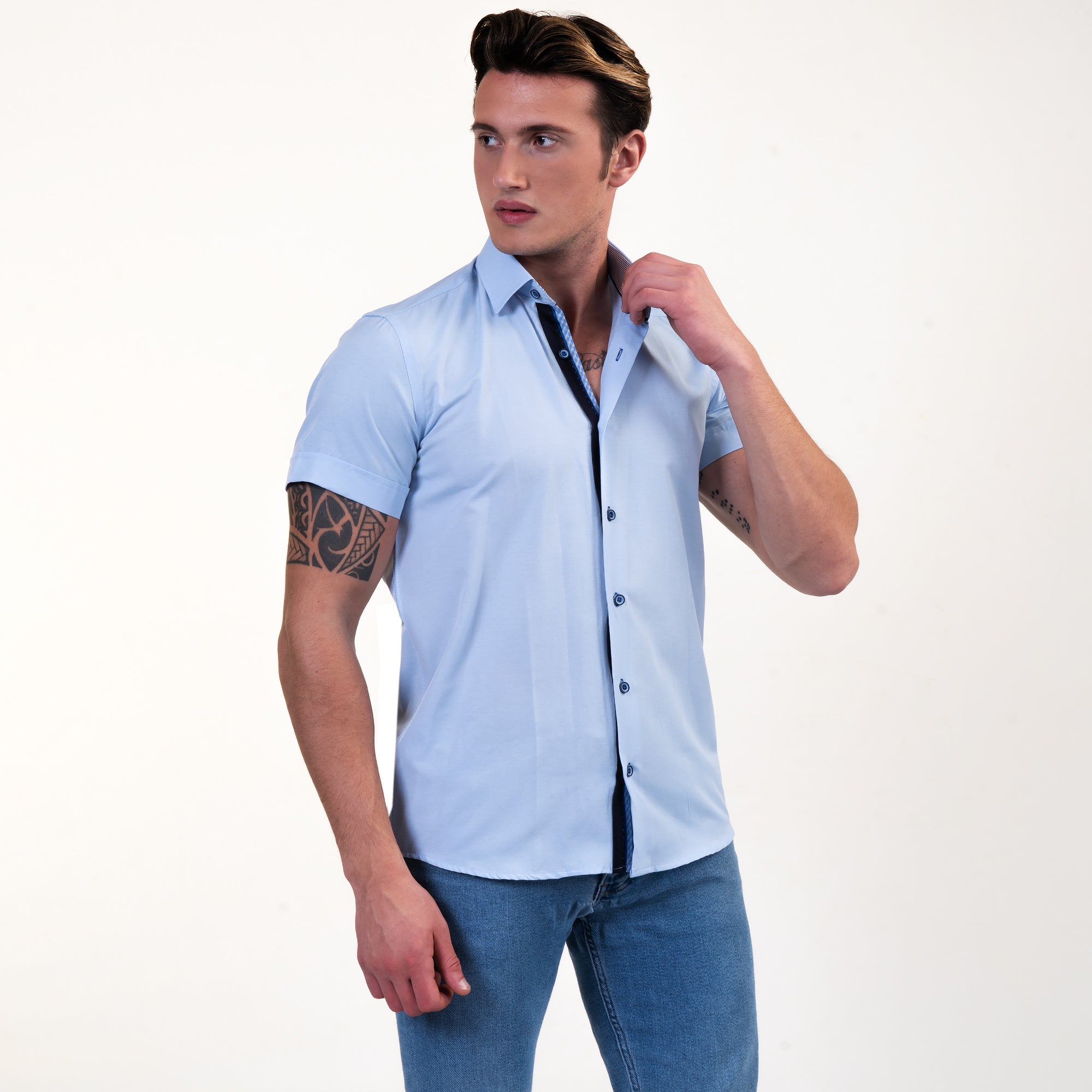 Inconsistent Uitgaan Hoogland Soft Light Blue Mens Short Sleeve Button up Shirts - Tailored Slim Fit –  Amedeo Exclusive