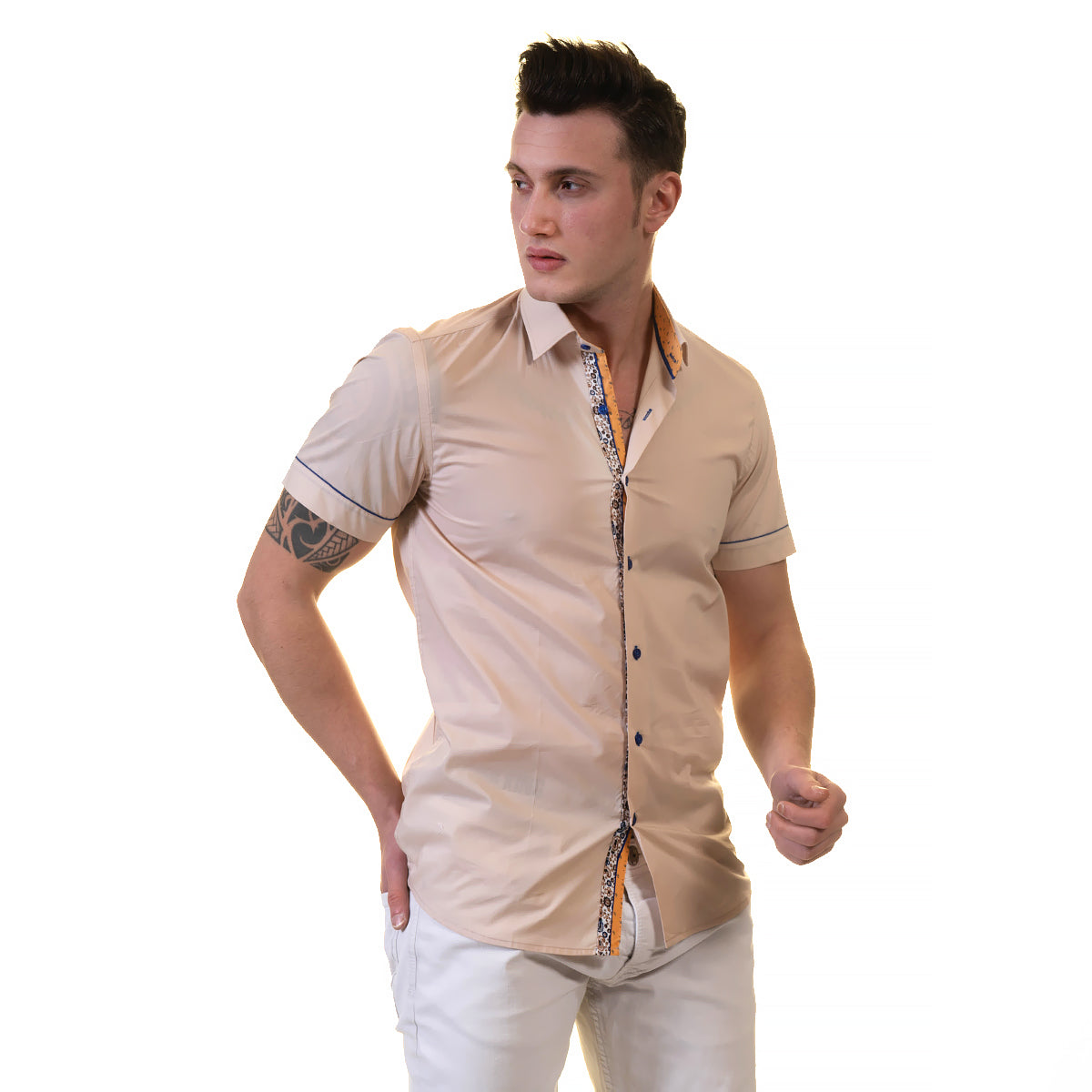 Beige Mens Short Sleeve Button up Shirts - Slim Fit Cotton Dr – Amedeo Exclusive