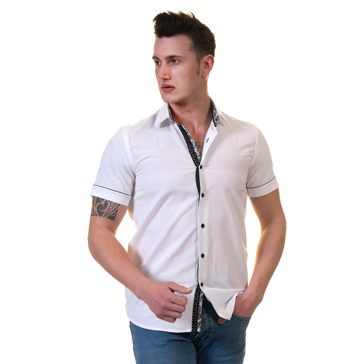 White Mens Short Sleeve Button up Shirts - Tailored Slim Fit Cotton Dr ...