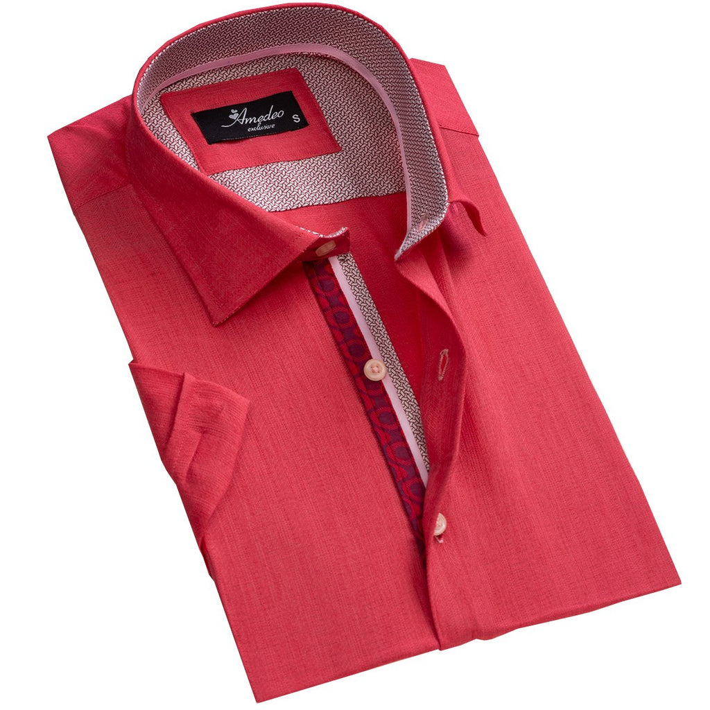 Solid Bright Red Mens Short Sleeve Button up Shirts - Tailored Slim ...