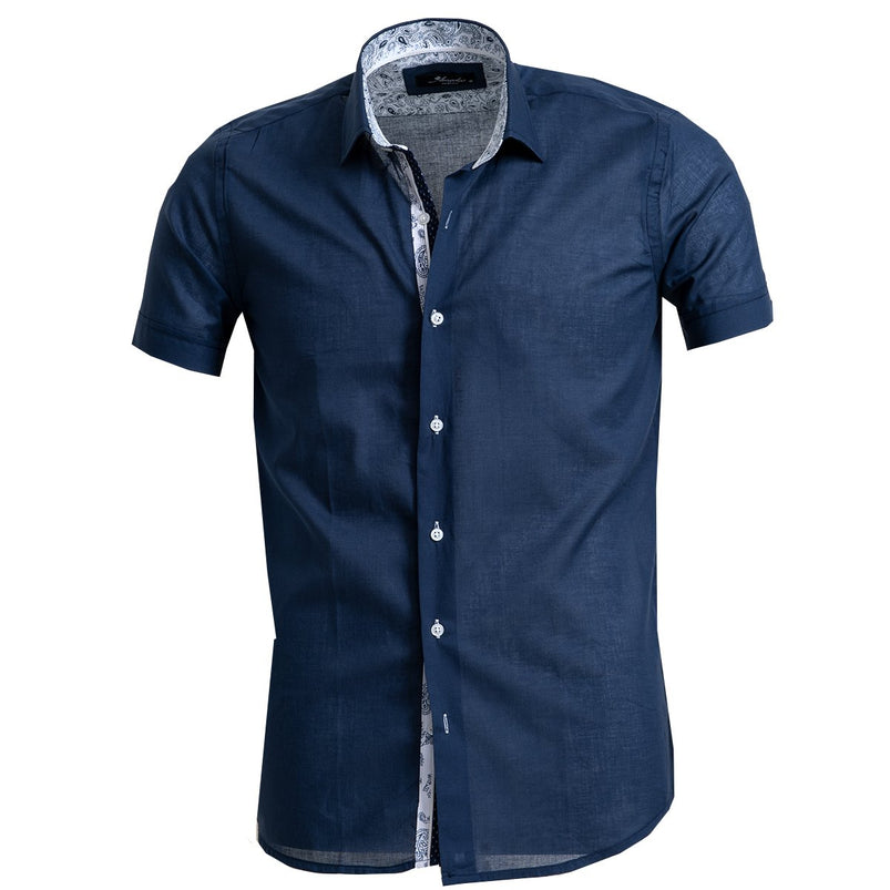 Solid Navy Blue Mens Short Sleeve Button up Shirts - Tailored Slim Fit ...