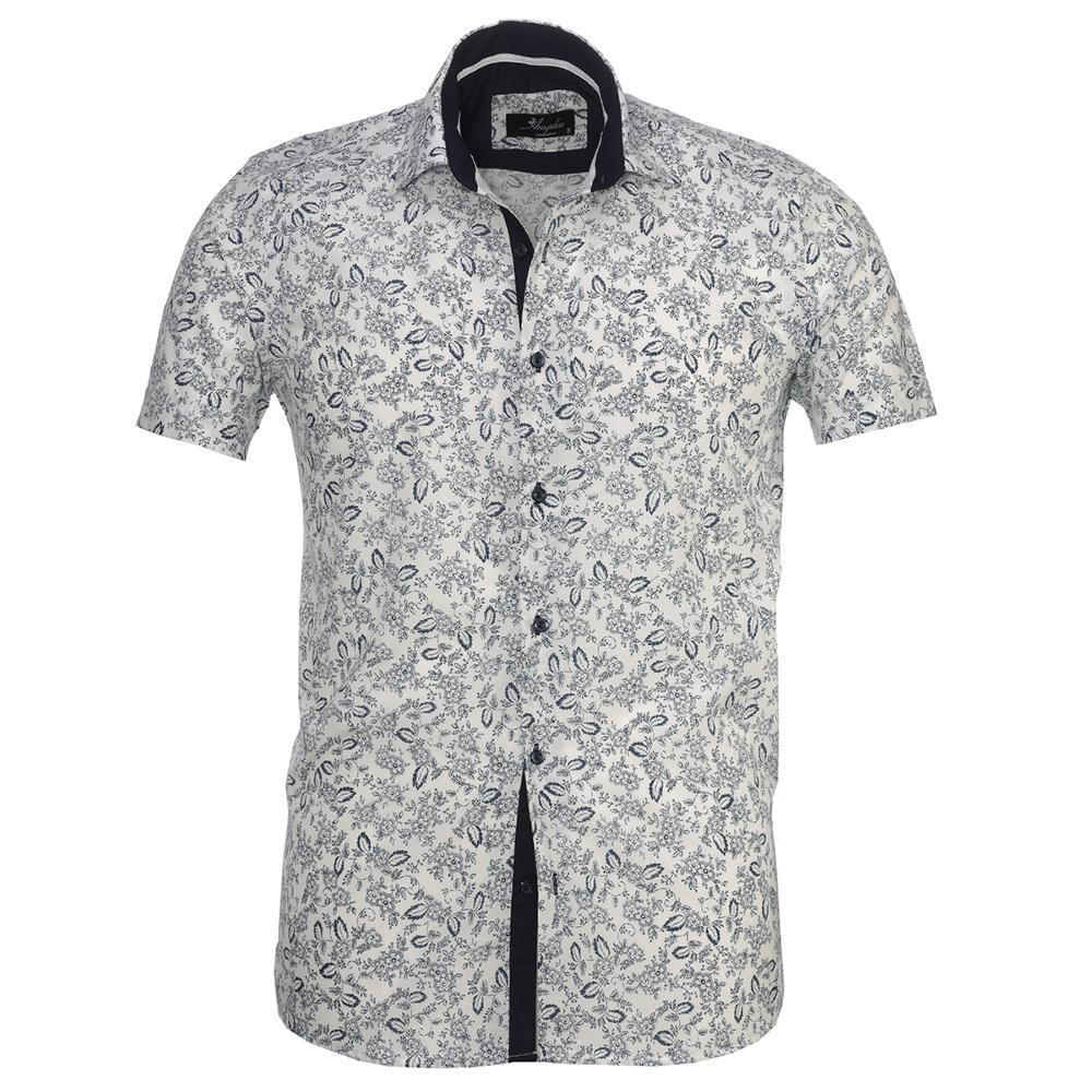 White Navy Blue Floral Mens Short Sleeve Button up Shirts - Tailored ...