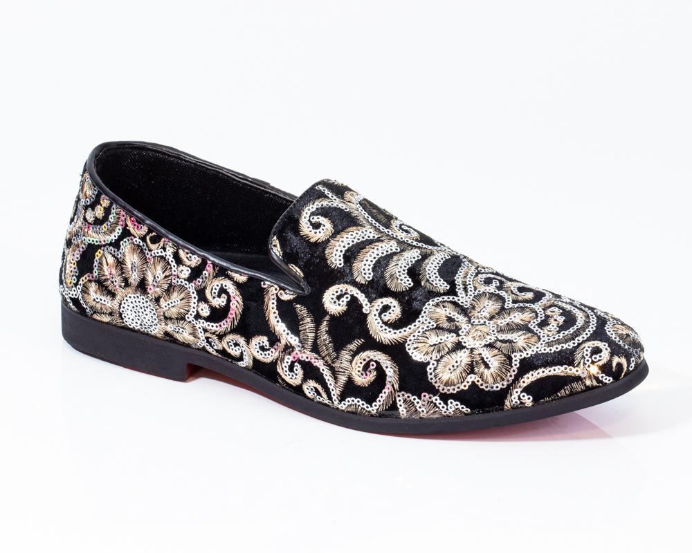 Premium Black And Golden Floral Loafers 