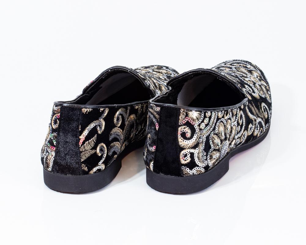Premium Black And Golden Floral Loafers 