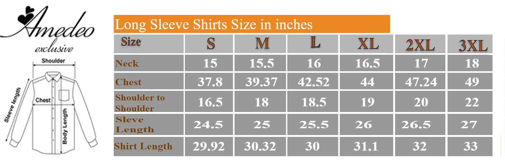 44 slim fit shirt size chart