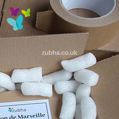 Zubha plastic free packaging showing ecoflo starch loose fill packing chips