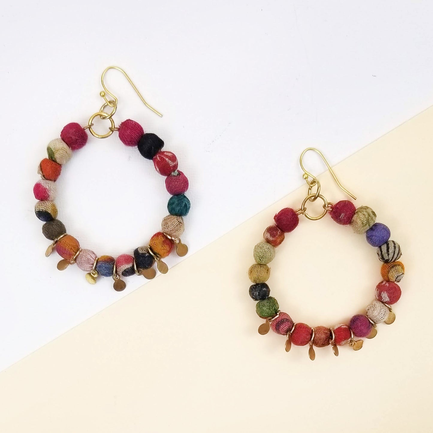 Recycled Kantha Textile Bead Hoops with Metal Discs Fair Trade Earrings