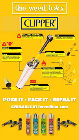 https://twbox.net/collections/lighters-torch/products/clipper-5pk  This yellow infographic features bold white text that says "POKE IT, PACK IT, REFILL IT" Available at iweedbox.com.  The infographic shows a Clipper lighter with its various uses, including a removable packing tool, which can be removed and replaced in the lighter.  This image shows the packing tool removed.  It also features information about the clean isobutane used to fill the lighter; that Clipper lighters are made from recycled materials that are both safe and strong, and that by using a refillable and reflintable lighter, you are saving both the planet and your money.