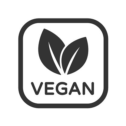 black box with the text vegan inside and two leaves forming a v