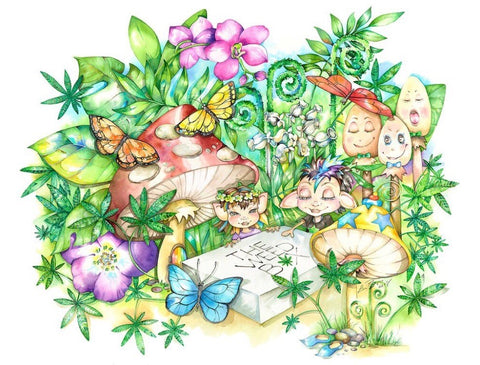 Fairies and mushrooms with lush and abundant flora and fauna (ferns, marijuana leaves, flowers, butterflies), surrounding a weed delivery box