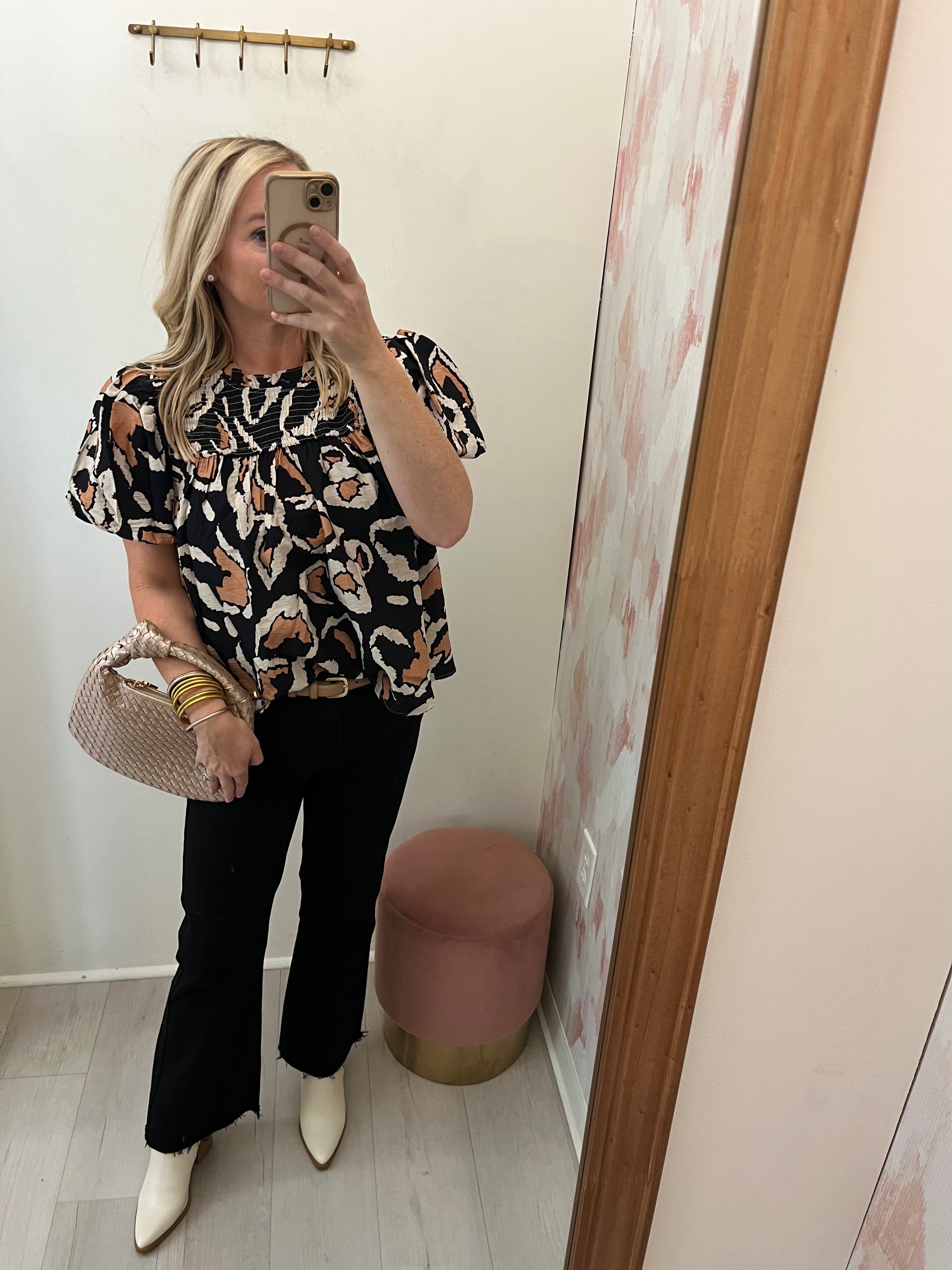 Abstract Print Smock Neck Top