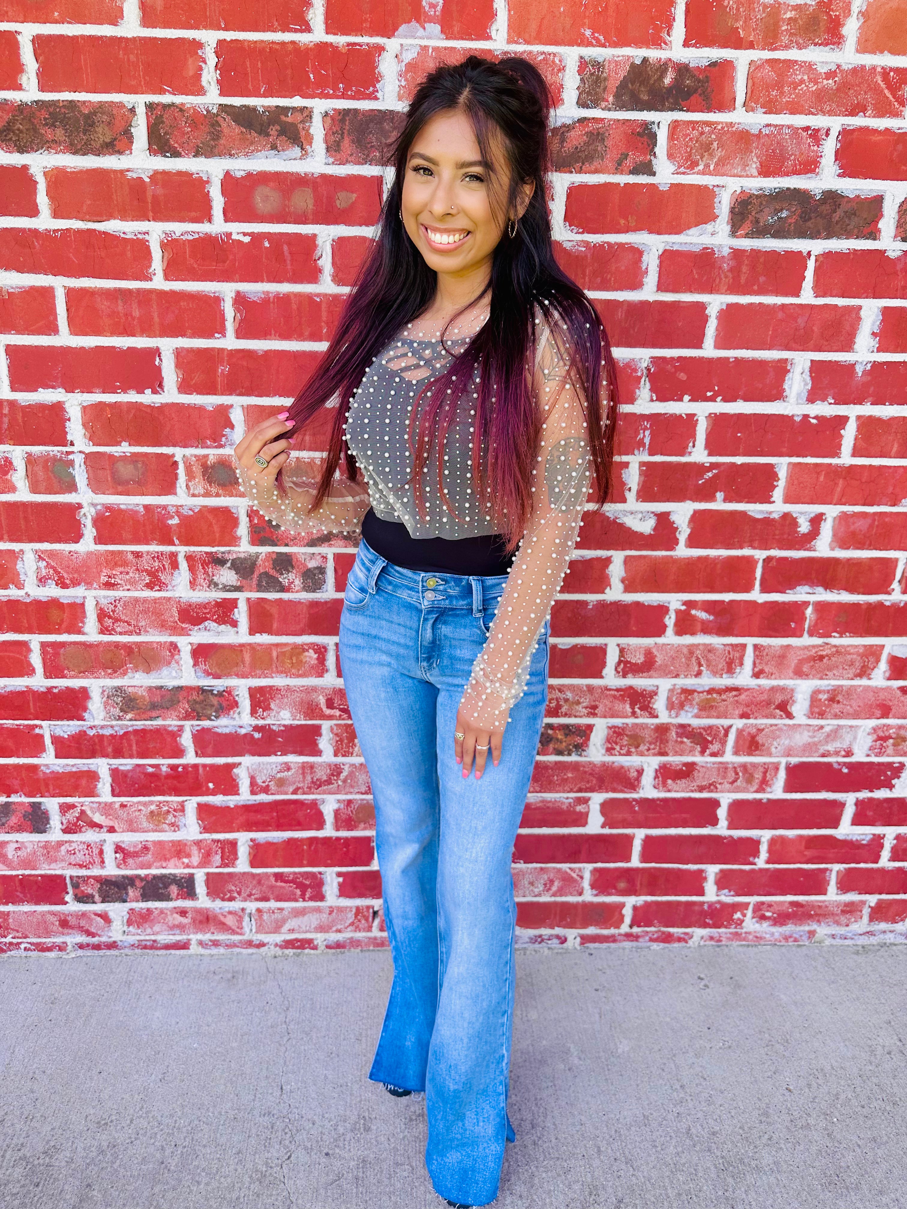 Nude- Pearl & Rhinestone Mesh Long Sleeve Top